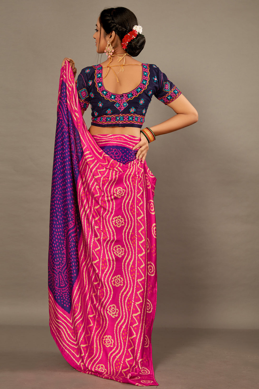 Blue With Rani Pink BANDHEJ Soft SILK SAREE WITH Hand WORK Over Blouse