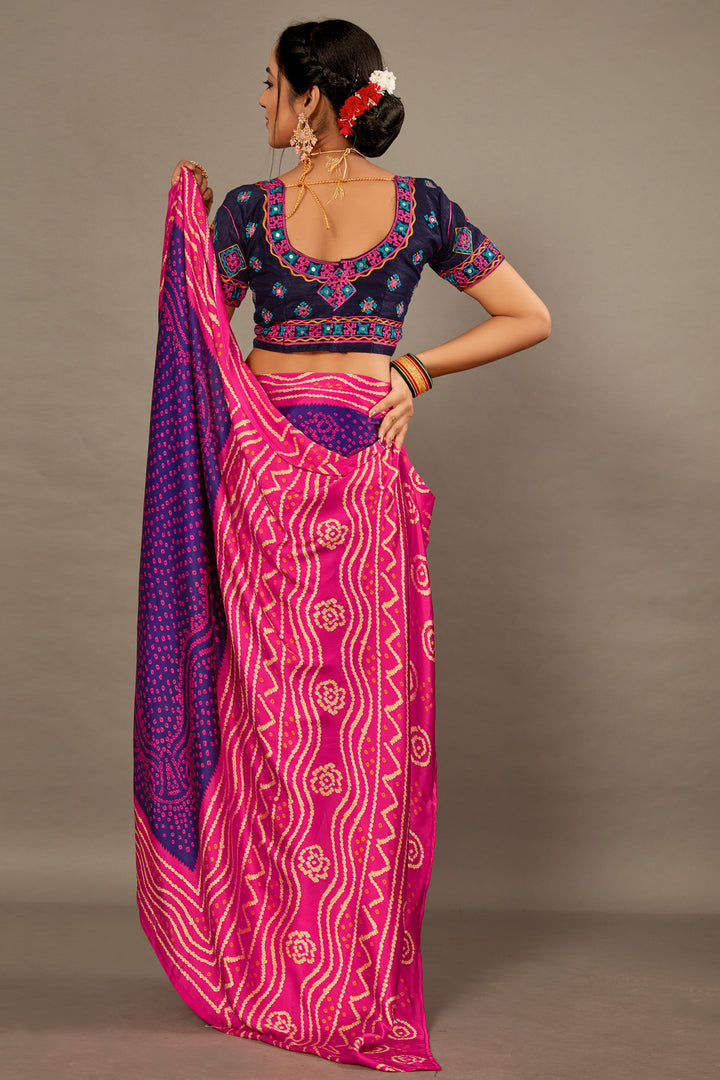 Blue With Rani Pink BANDHEJ Soft SILK SAREE WITH Hand WORK Over Blouse