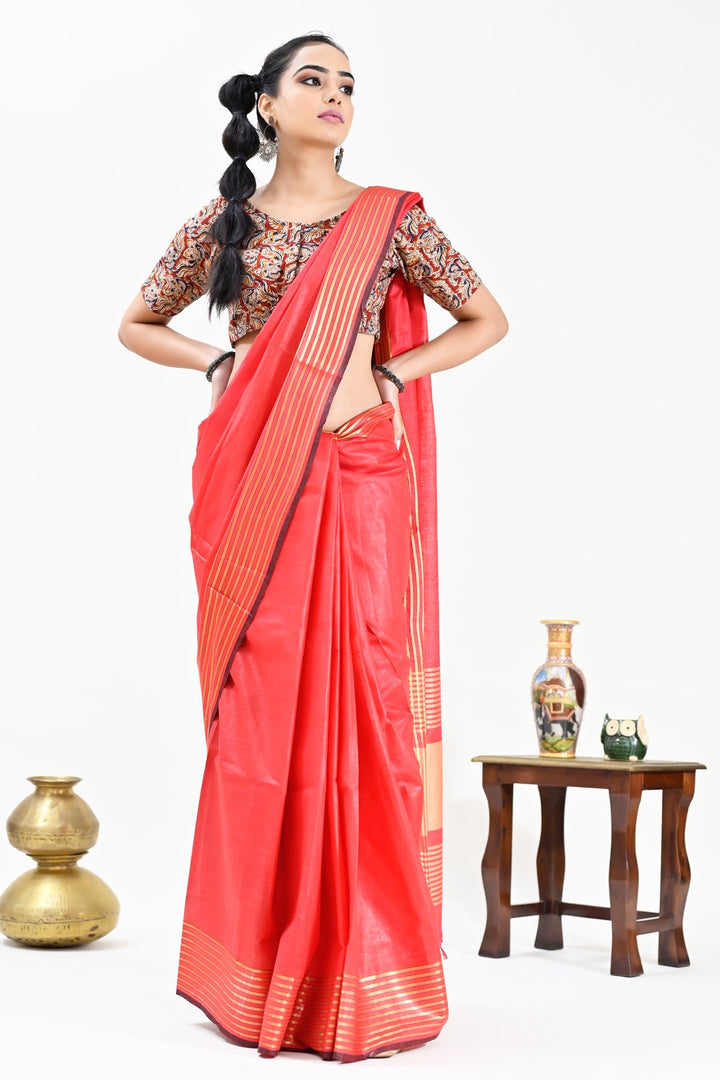 Red Color Pure Cotton Solid Maheshwari Handloom Saree