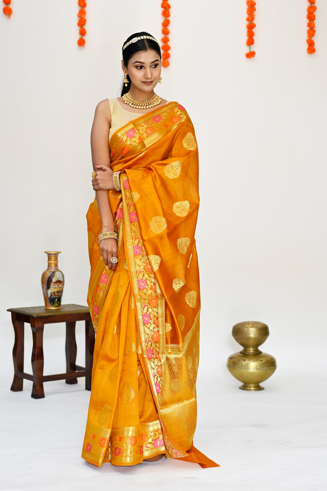 Mustard Yellow Color - Pure Banarasi Silk Saree with all over Zari Work