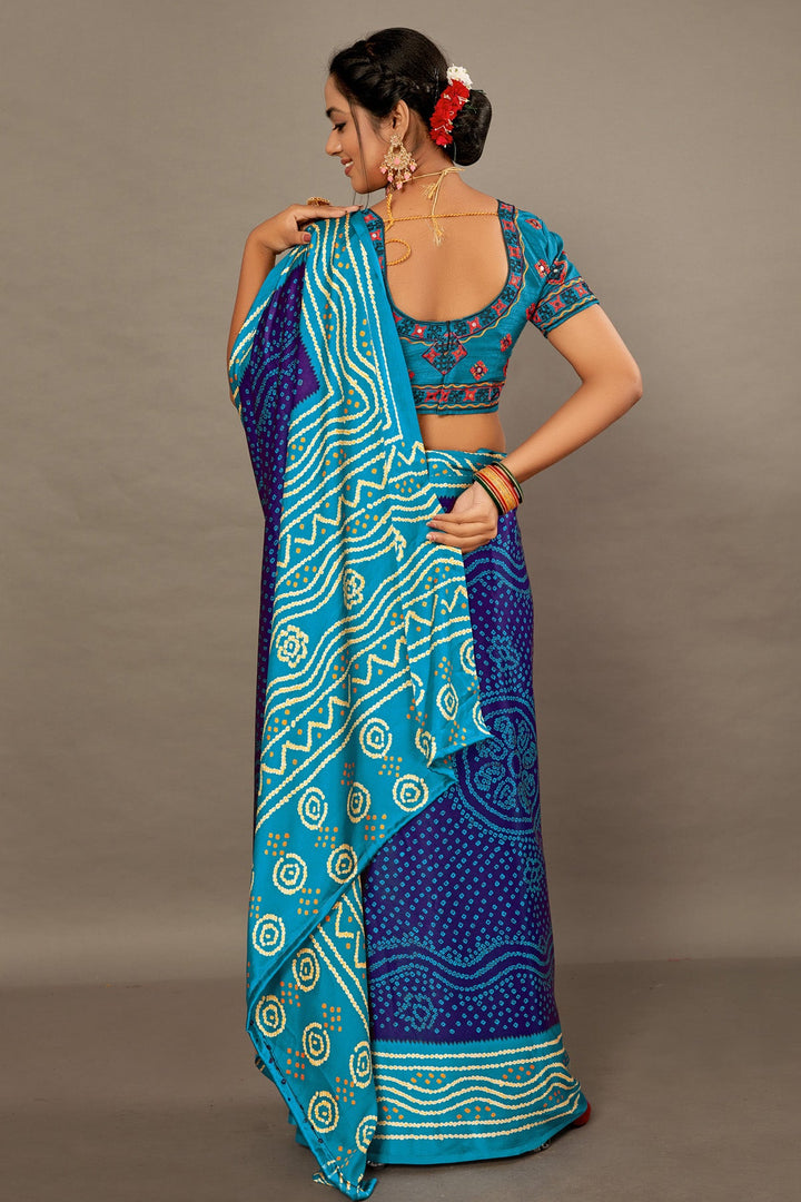 Purple With Blue BANDHEJ Soft SILK SAREE WITH Hand WORK Over Blouse