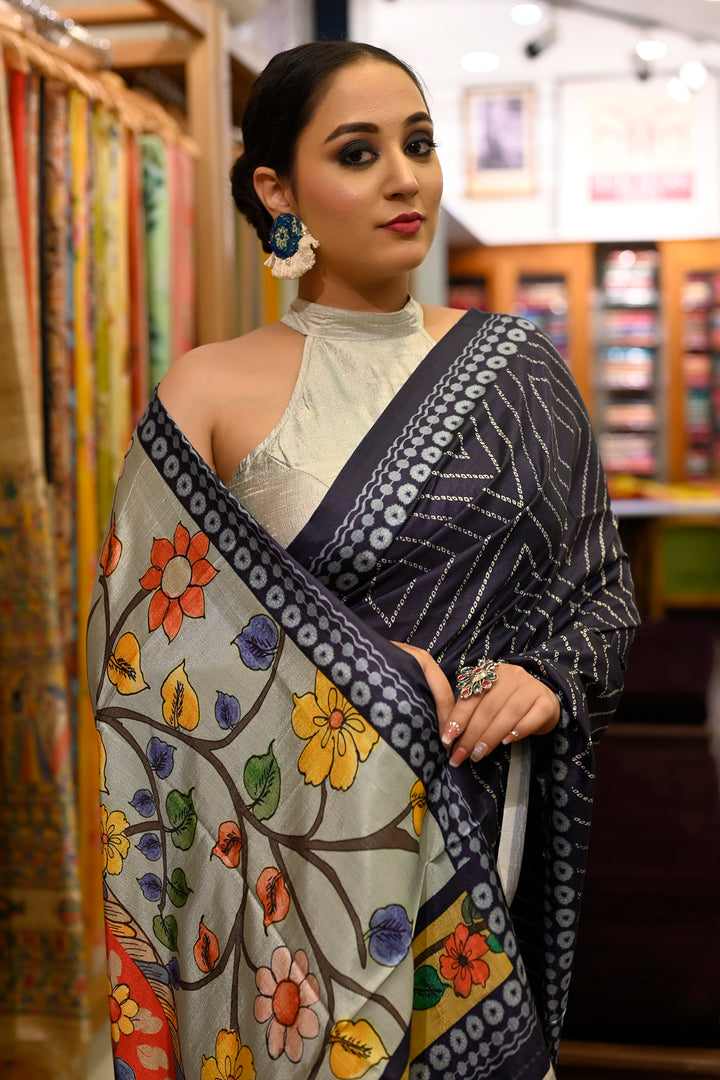Navy Blue Bandhej Print Saree with Kalamkari