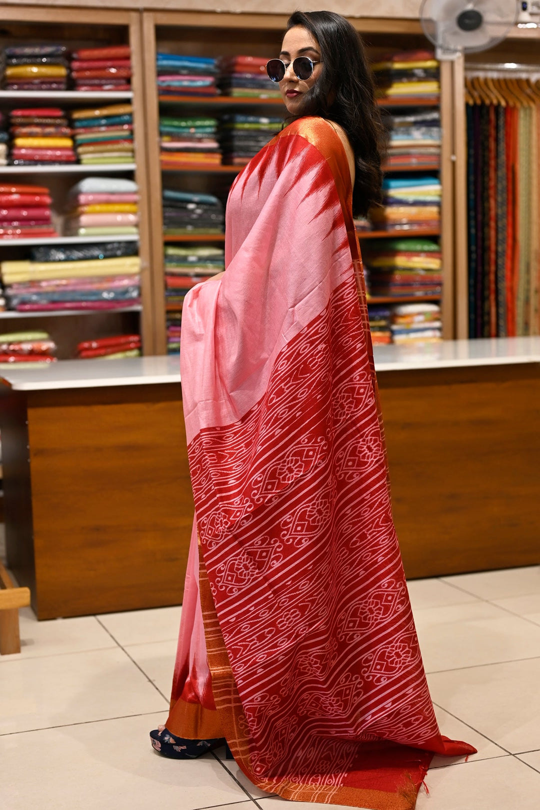 Pink with Red Silk Sambalpuri Handloom Saree Temple Border