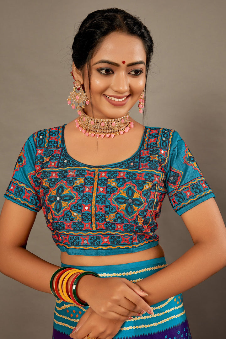 Purple With Blue BANDHEJ Soft SILK SAREE WITH Hand WORK Over Blouse