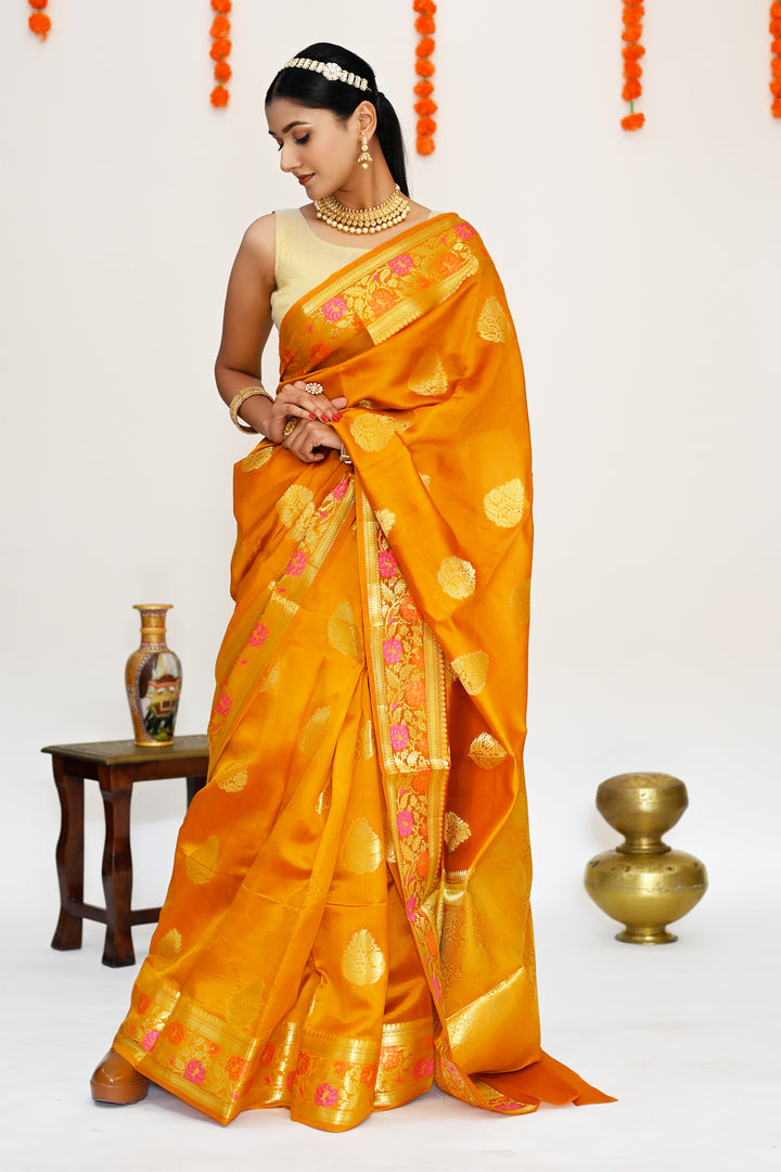 Mustard Yellow Color - Pure Banarasi Silk Saree with all over Zari Work