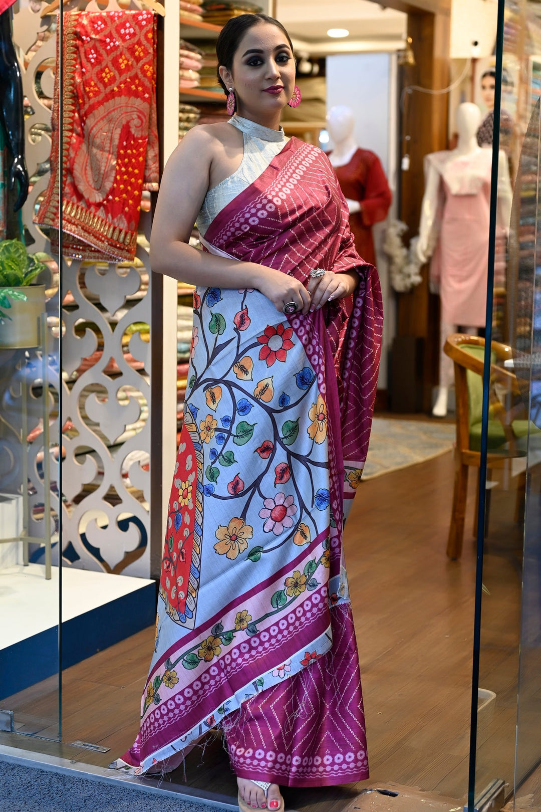 Wine Color Bandhej Print Saree with Kalamkari