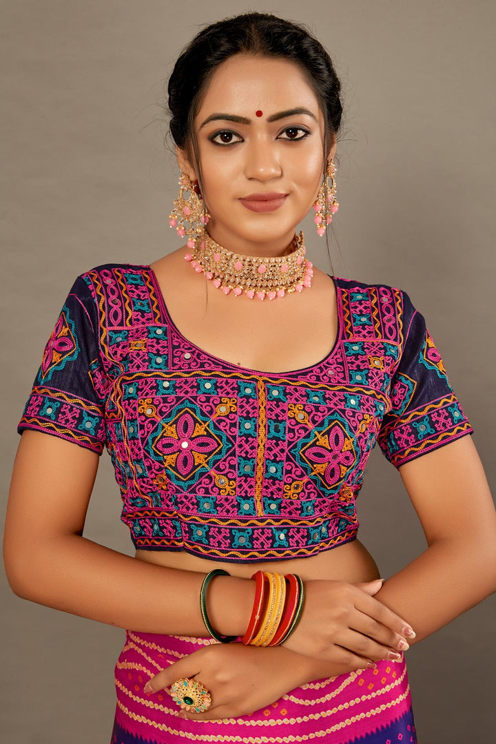 Blue With Rani Pink BANDHEJ Soft SILK SAREE WITH Hand WORK Over Blouse