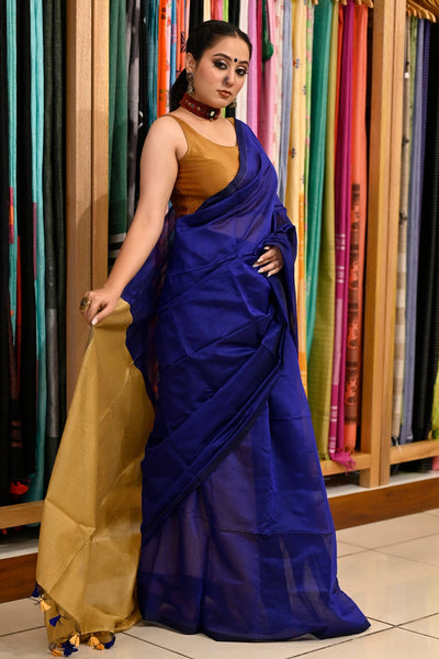 Glammrous Royal blue with rani pink thread temple design border - Kolkata  soft cotton sarees