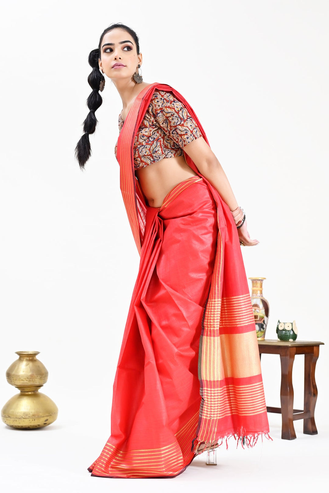 Red Color Pure Cotton Solid Maheshwari Handloom Saree