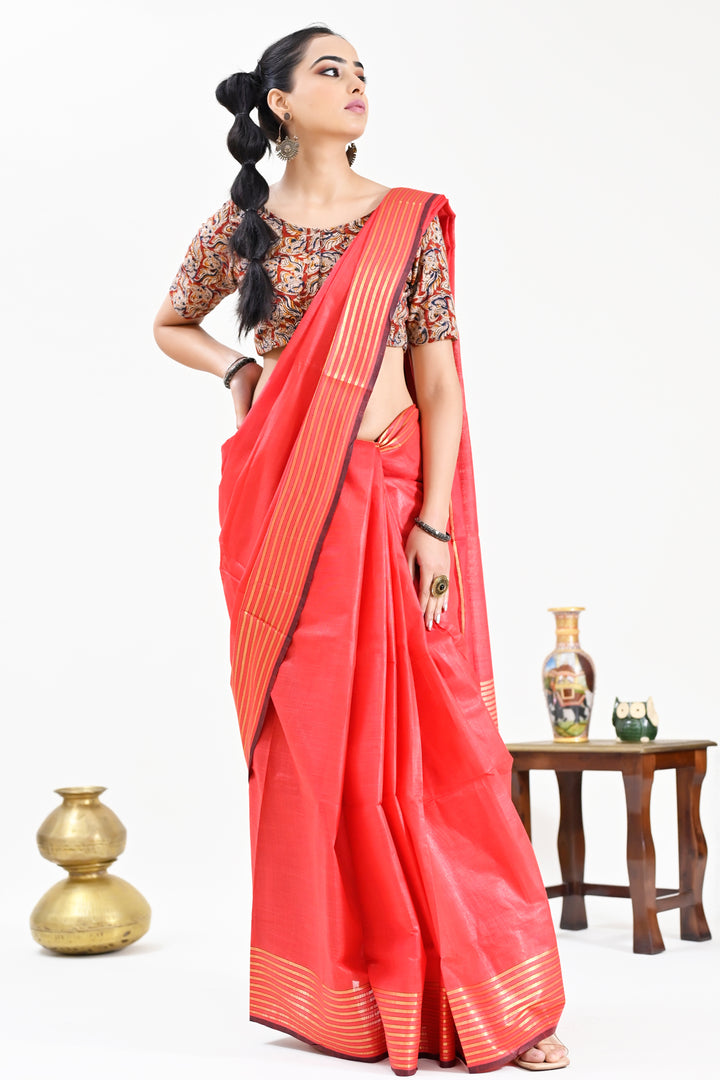 Red Color Pure Cotton Solid Maheshwari Handloom Saree