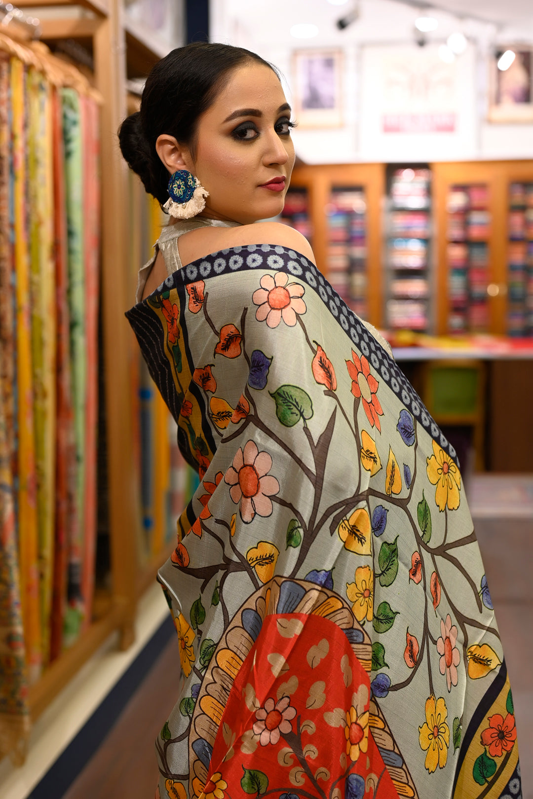 Navy Blue Bandhej Print Saree with Kalamkari