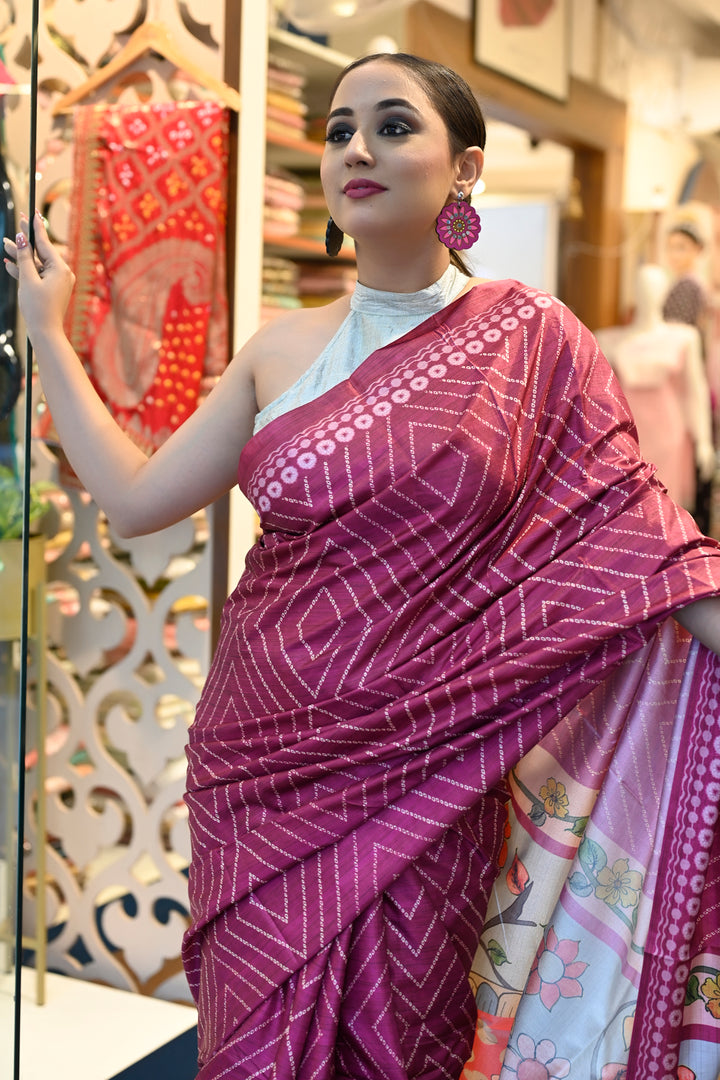Wine Color Bandhej Print Saree with Kalamkari