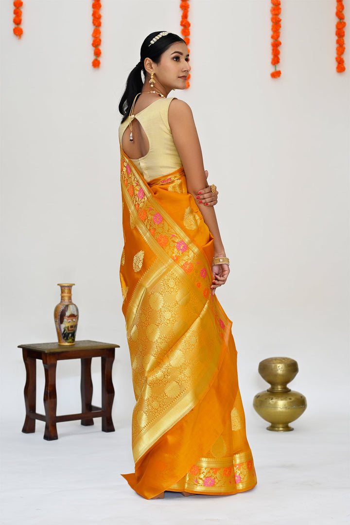 Mustard Yellow Color - Pure Banarasi Silk Saree with all over Zari Work