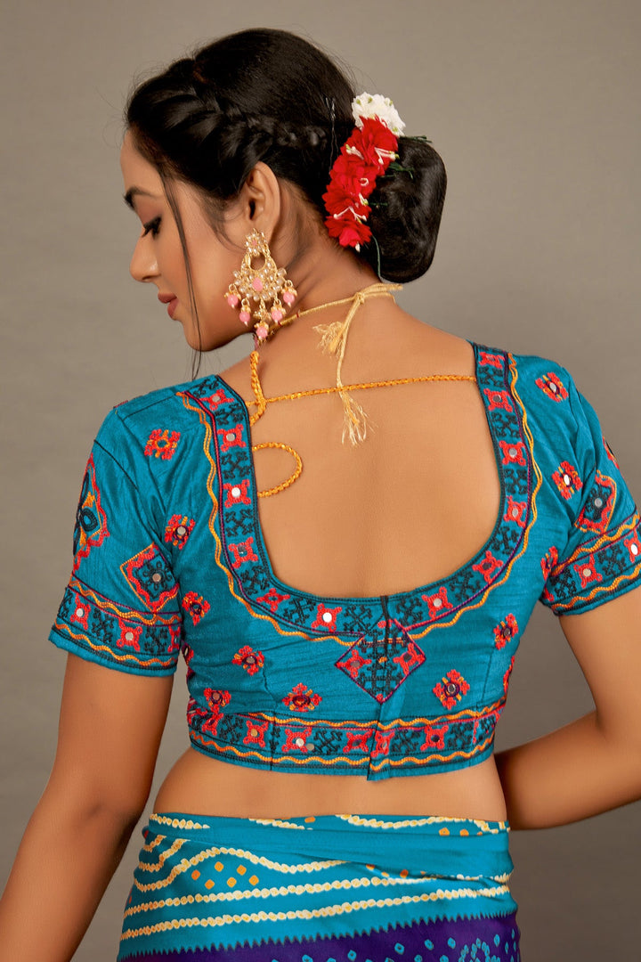 Purple With Blue BANDHEJ Soft SILK SAREE WITH Hand WORK Over Blouse