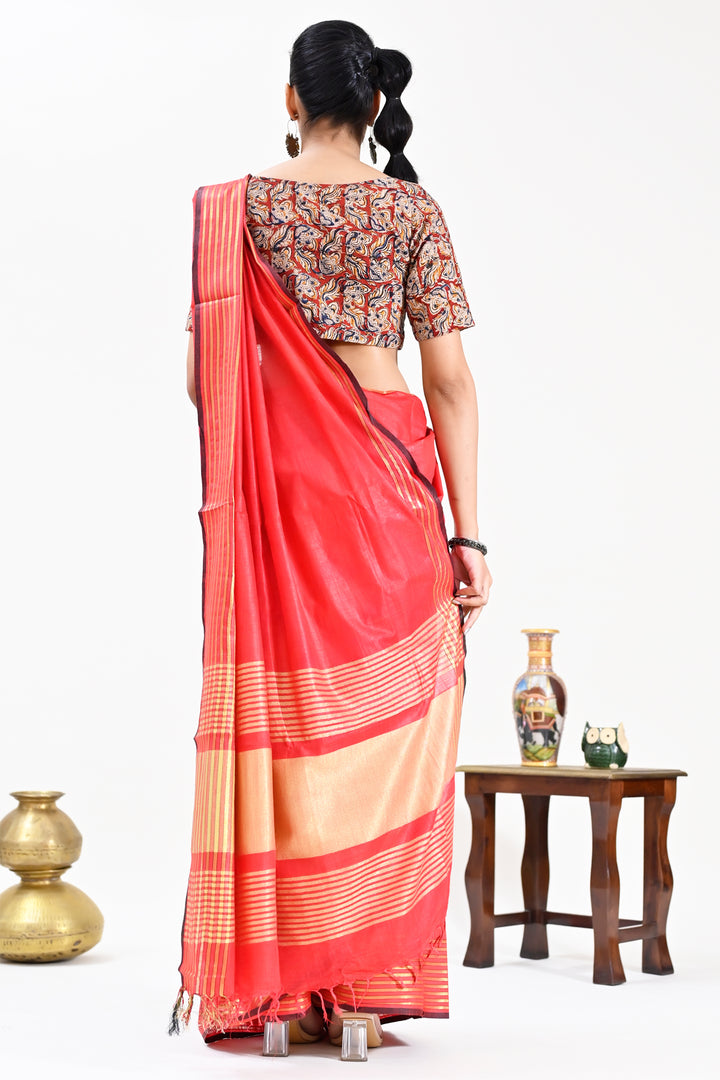 Red Color Pure Cotton Solid Maheshwari Handloom Saree