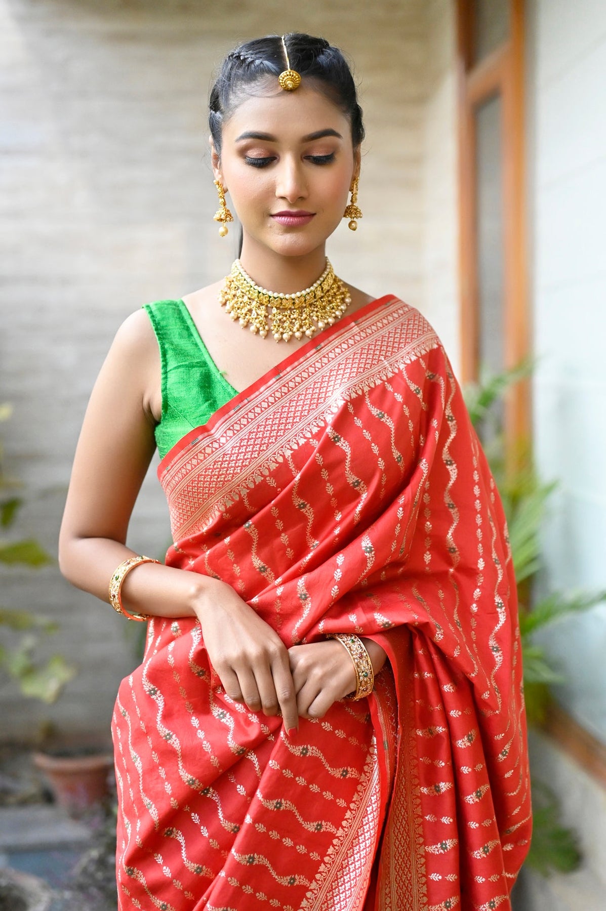 Red with Light Gold Zari Soft Banarasi Silk Saree with Heavy Pallu BharatSthali