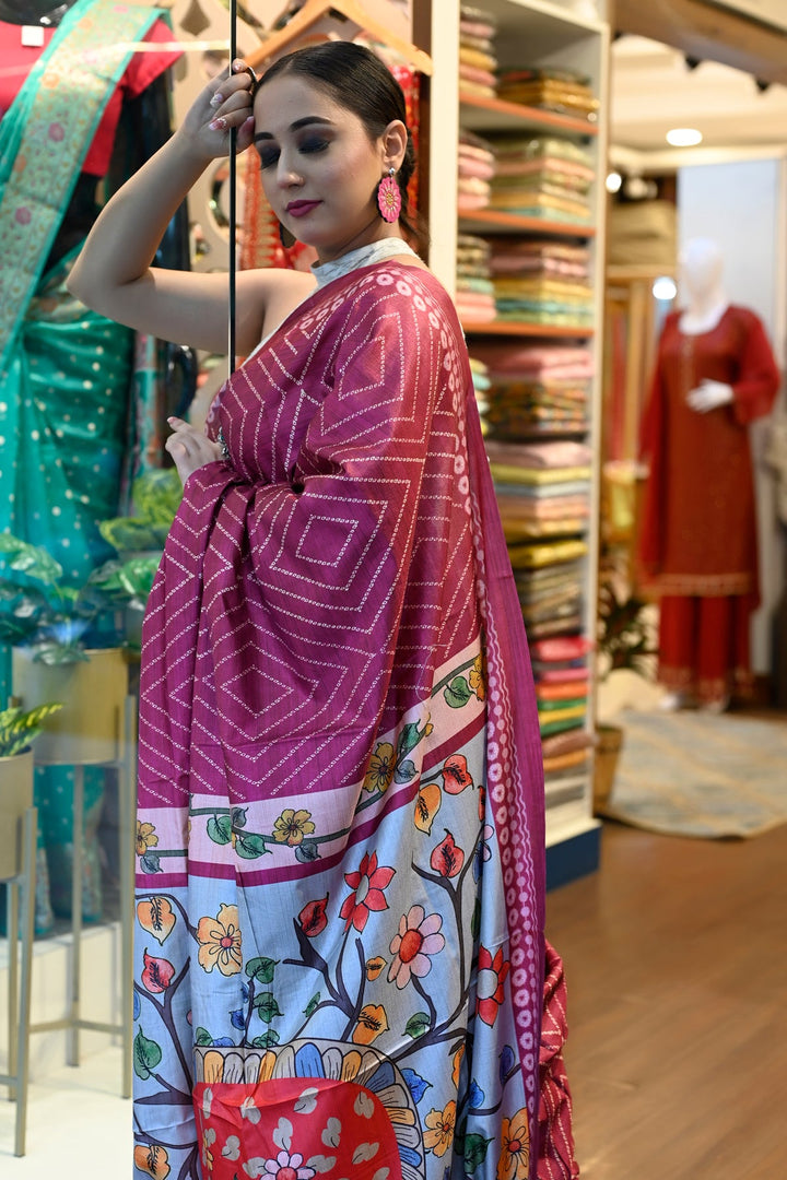 Wine Color Bandhej Print Saree with Kalamkari