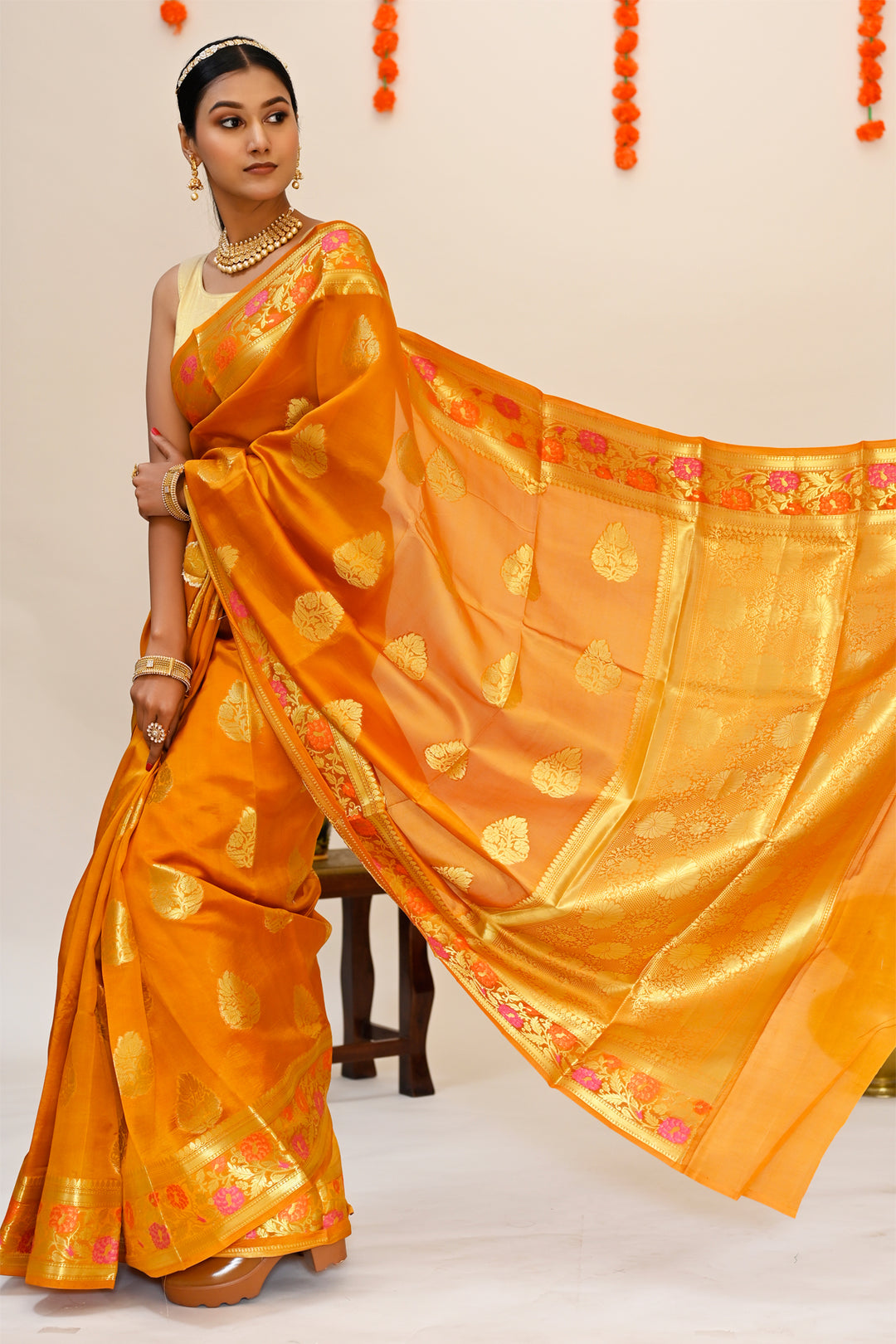 Mustard Yellow Color - Pure Banarasi Silk Saree with all over Zari Work