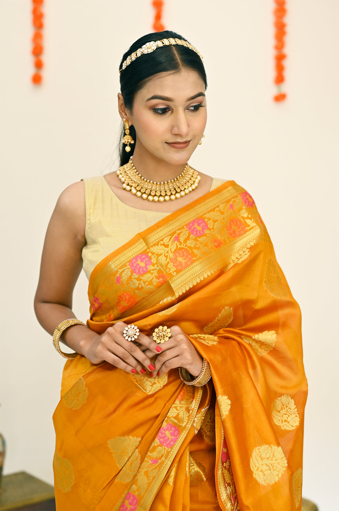 Mustard Yellow Color - Pure Banarasi Silk Saree with all over Zari Work