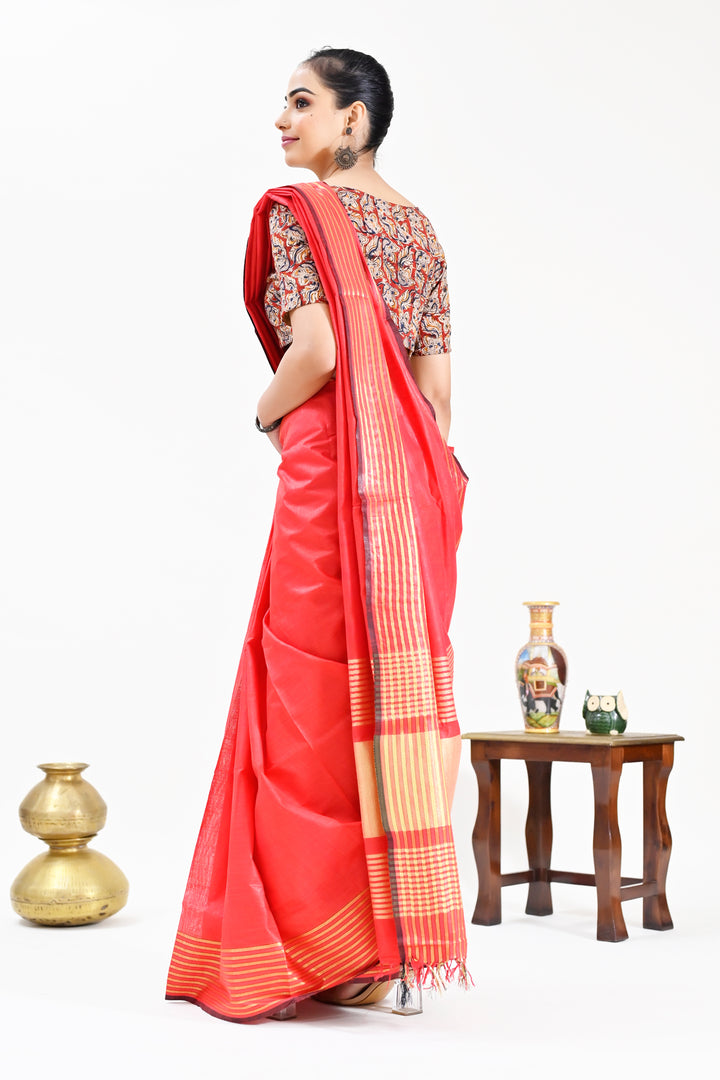 Red Color Pure Cotton Solid Maheshwari Handloom Saree