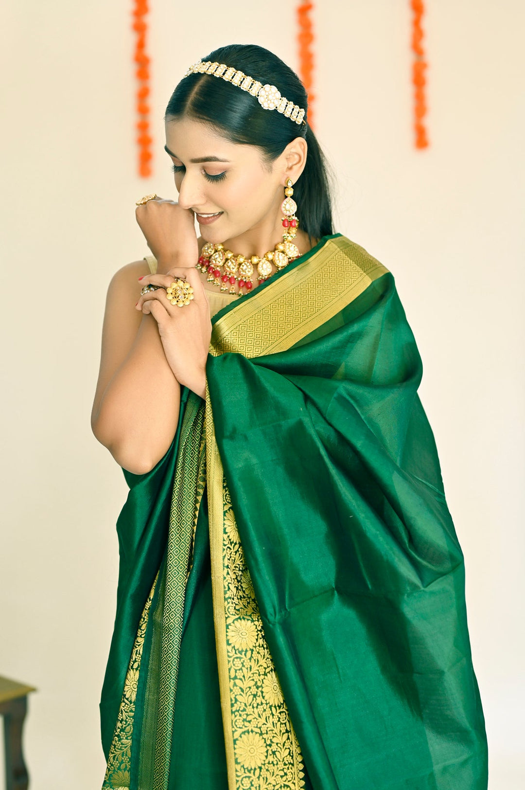 Bottle Green Color Plain Pure Banarasi Silk Saree Golden Zari