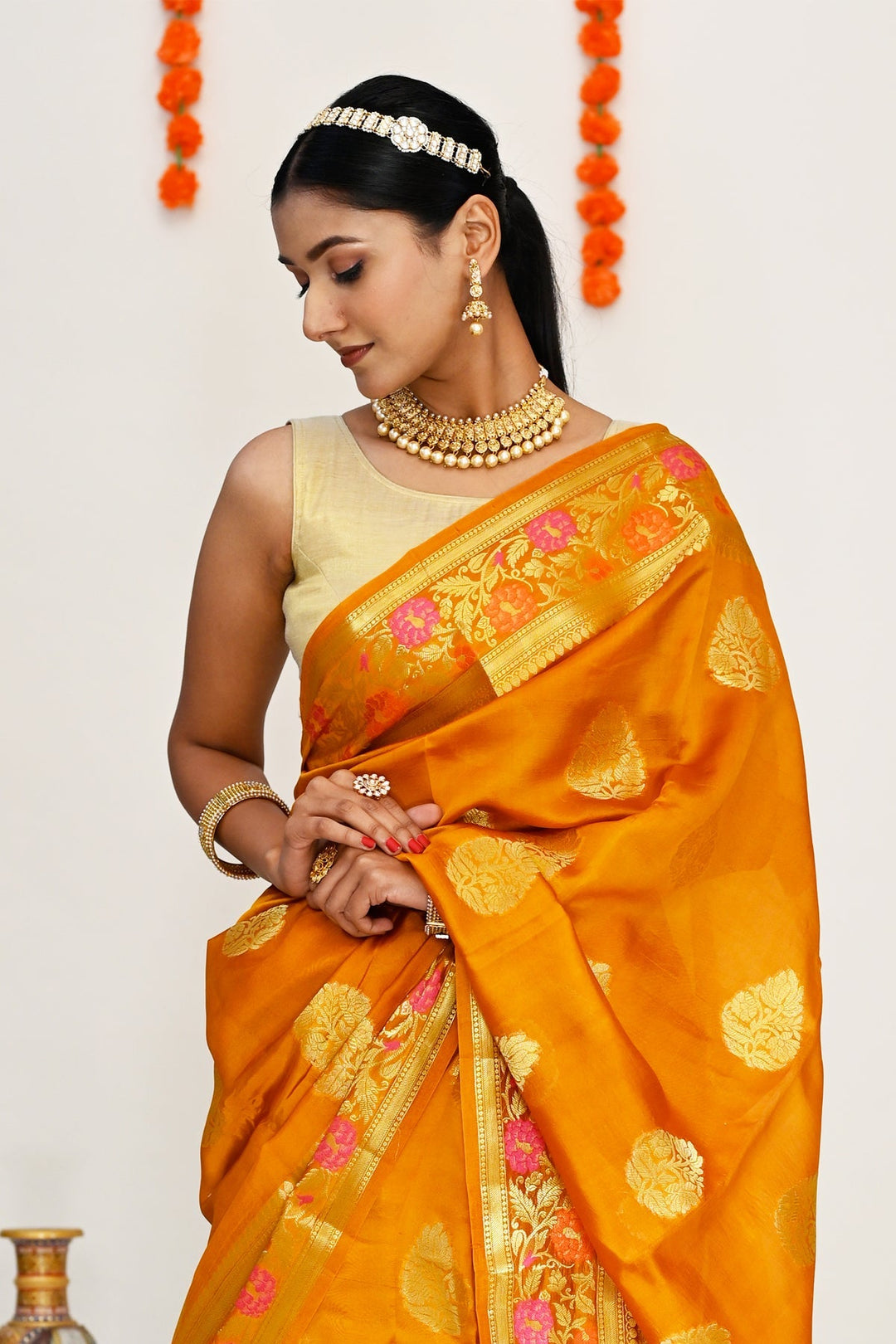 Mustard Yellow Color Pure - Banarasi Silk Saree with all over Zari Work 